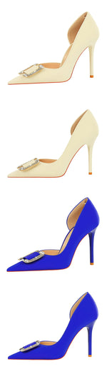 BIGTREE Pumps Elegant Pointed Crystal Buckle Slim High Heel Single Shoes Women Silk Spring/Summer High Heel Pumps Wedding Dress