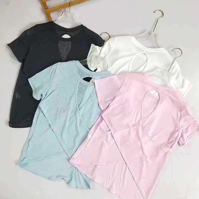 Women's Quick Drying Hollow out Back Sports T-Shirt Yoga Suit Top Short Sleeve Fitness Cover up