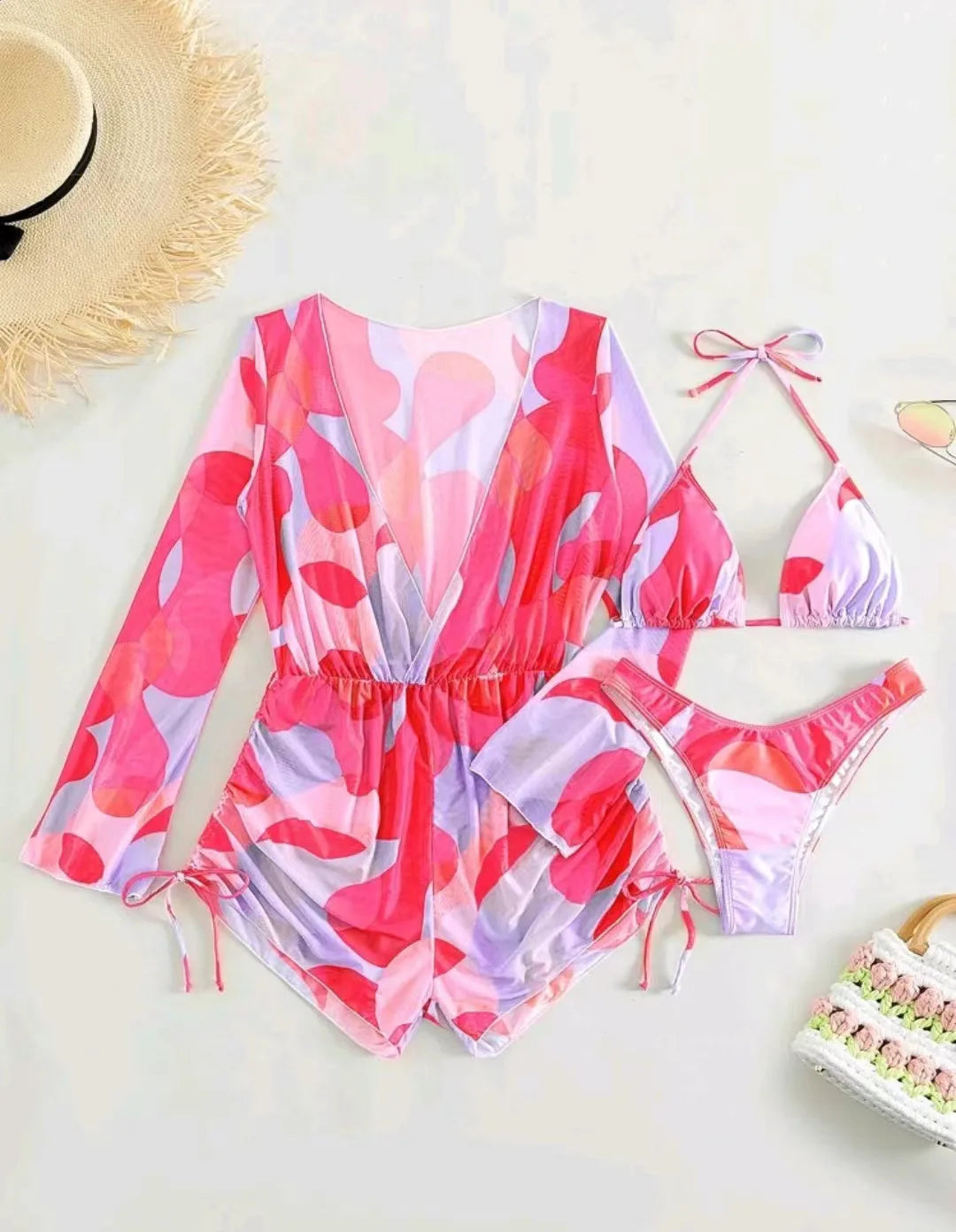 2024 New Swimsuit 3 Pcs Set Thong Bikini with Rompers Womens Jumpsuit Beach Wear Print Swimwear Sexy Bathing Suit Pool Beachwear