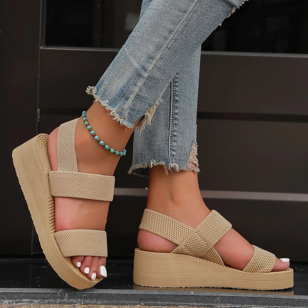 New Minimalist Slingback Wedge Sandals Summer Light Weight Shoes Striped Color Sole Thick Bottom Ladies Leisure Sandalias