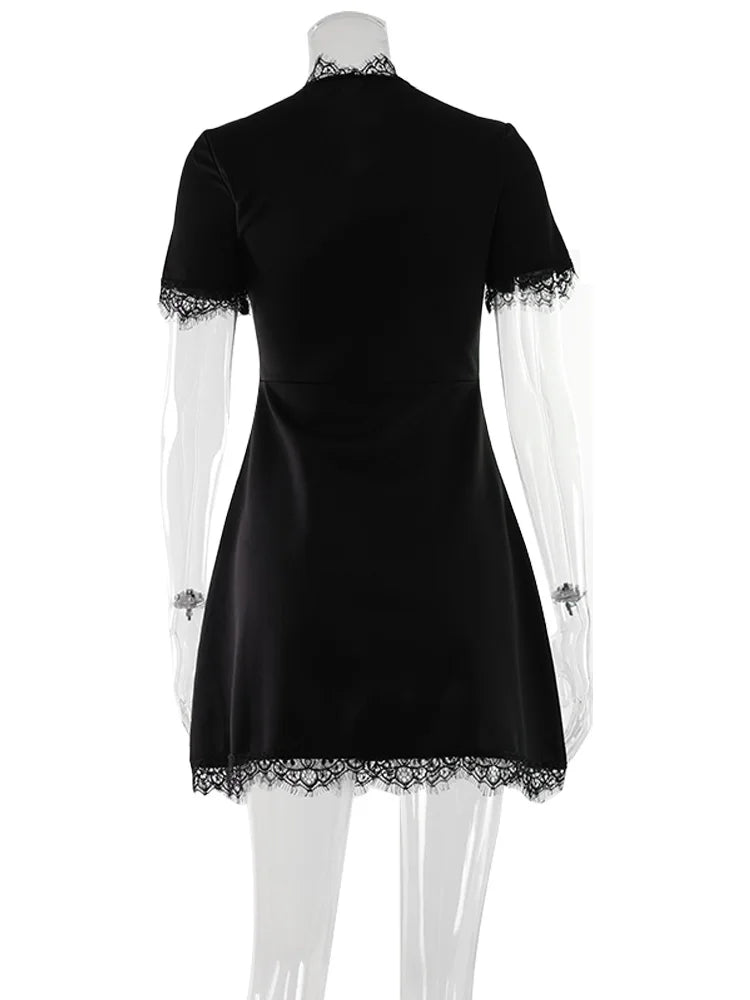 Ahagaga Sexy Women's Mini Dresses Patchwork Short Sleeves Lace Hollow Out Slim Fit Trend Baisc Turtleneck Streetwear Female Robe