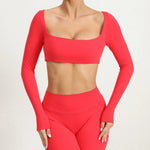 Women Crop Tops Yoga T-shirts Solid Sports Top Long Sleeve Running Shirts Quick Dry Fitness Gym Sport Gymwear