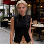 Y2K Aesthetic Solid Color Lace Crop Top Sleeveless Chinese Frog Button Vest Women's Summer Party Streetwear