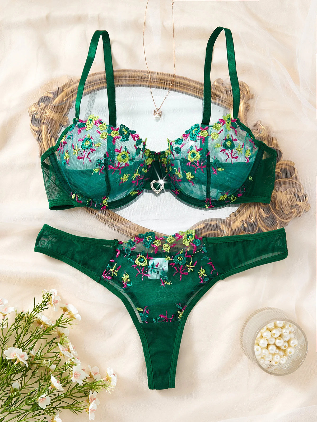 French vintage green floral embroidery lingerie set - Sexy see-through chiffon bra and panties set ZA824026