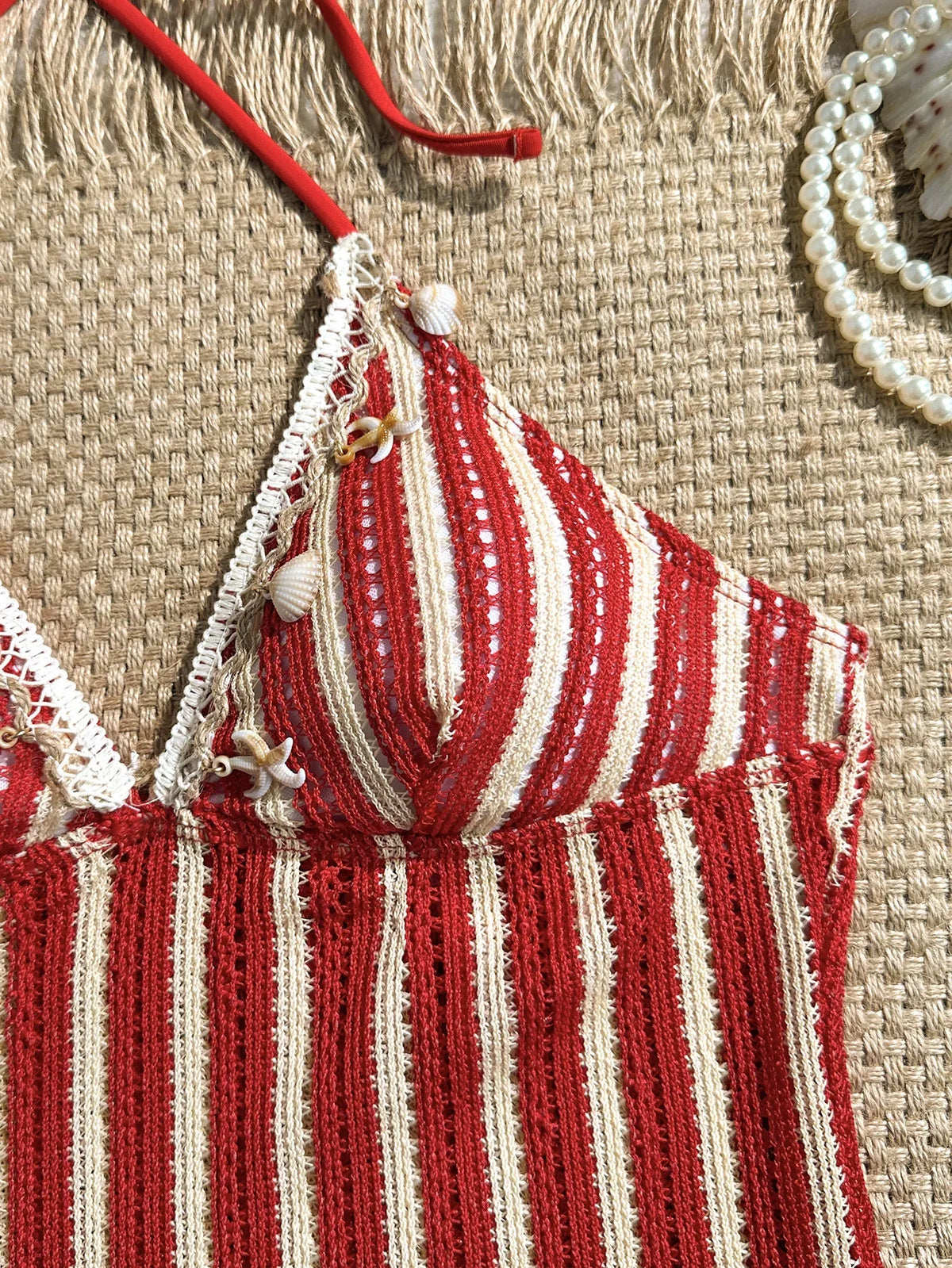 Vintage Red Striped Two Piece Bikini Set 2026 Women Shell Starfish V Neck Top High Waist Swimsuit Beach Bathing Suit Swimwear