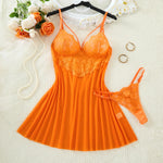 Orange Daisy Floral Lace Sheer Mesh Babydoll Lingerie Set Slip Nightdress With Matching Thong Women Sexy Sleepwear ZA825096