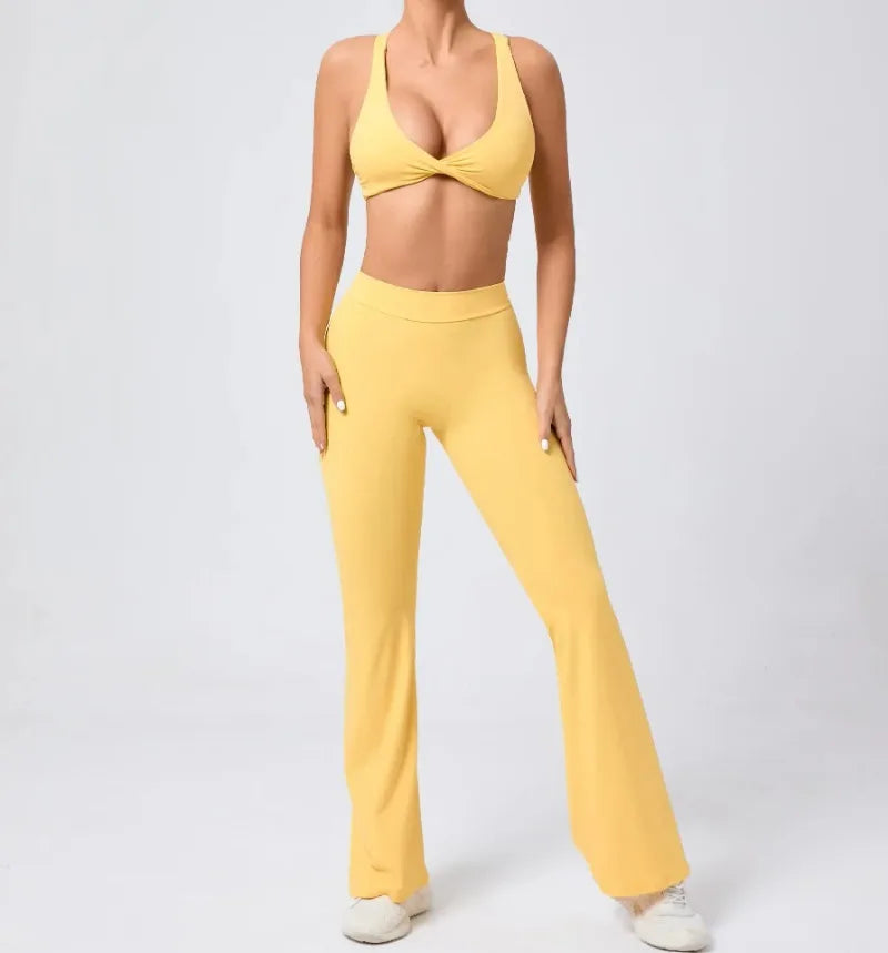Women's Seamless Yoga Sets Brushed Fabric Flared Hip-Lifting Pants Cross Beauty Back Bra Suits Gym Workout Fitness Training Sets