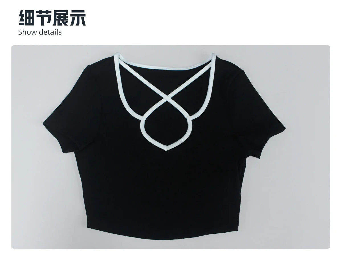 Summer Quick Drying Yoga Sets Women Black Patchwork Short Sleeve Cross Neck Sports Top High Waist Flared Pants Fitness Suits