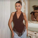FDYOUI Sexy Swinging Collar Tassels Tank Tops Women's Halter Bandage Backless Camisoles Female Summer Slim Corset Top Streetwear