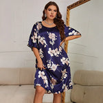 Large size sleepwear, women's mid length printed pullover dress, summer new home wear, silk ice silk nightgown