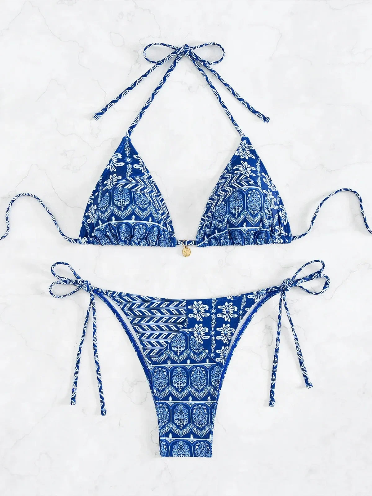 Blue Floral Print 2 Piece Micro Bikini Set for Women 2025 New Push Up Bra Thong Swimsuit Beach Bathing Suit Holiday Swimwear