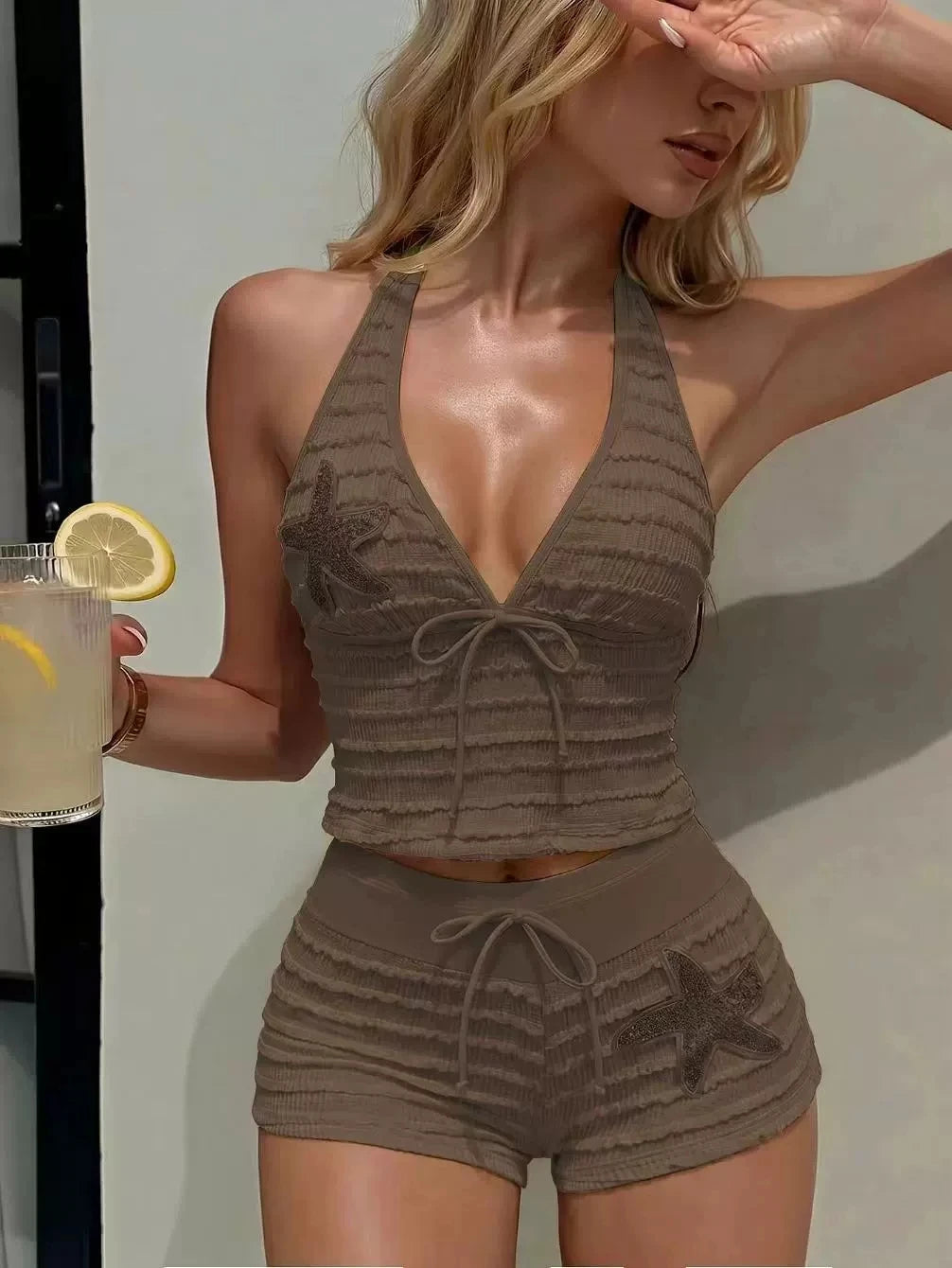 DEKA Sequins Starfish Two Pieces Bikini Set Bather Bathing Suit Halter Wrinkled High Waist Bikini Female Swimsuit Women Swimwear