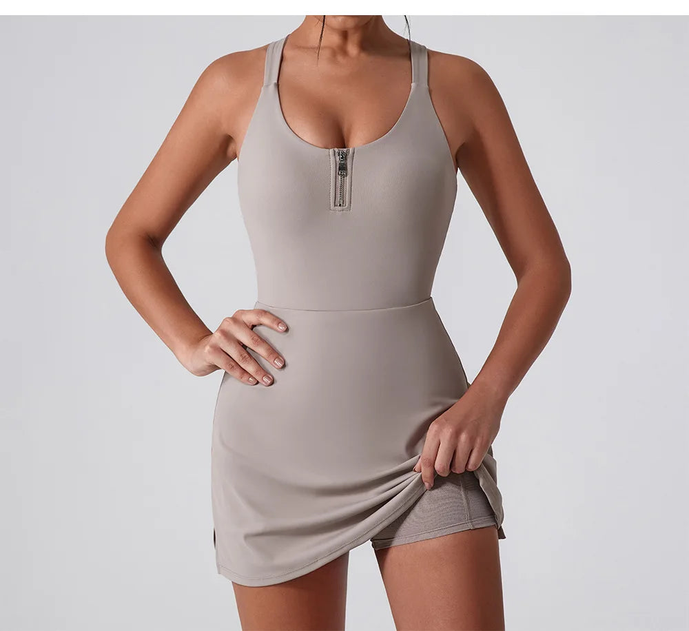Front Zipper Tennis Dresses Women Summer Sleeveless Sports Athletic Dress Outdoor Cross Backless Pocket Short Workout Skirts