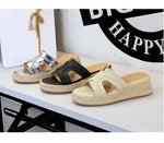 Spring 2025 Women's Slippers Hollow Out Strap Waterproof Thick Heel Woven Rope Country Style Slip-On Shoes Polyurethane Material
