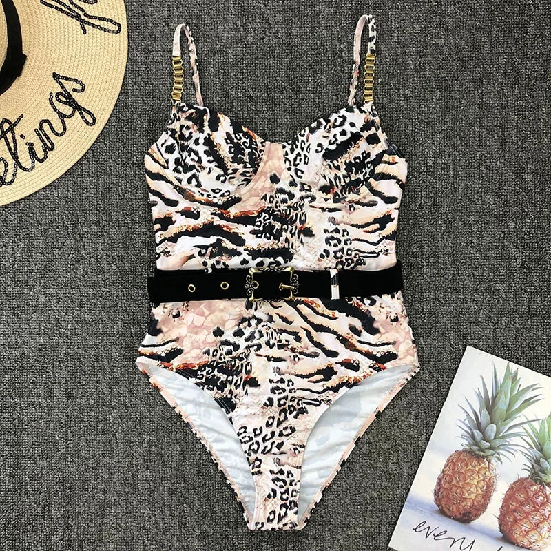 Ribbed Push up Underwired Metal Chain Women Swimwear One Piece Swimsuit Female Waist Belt Monokini Bather Bathing Suit Swim Lady