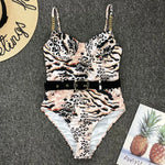 Ribbed Push up Underwired Metal Chain Women Swimwear One Piece Swimsuit Female Waist Belt Monokini Bather Bathing Suit Swim Lady