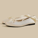 Balletcore Style Satin Lace-Up Flats for Women Black Ballerina Bow Detail Square Toe Ankle Wrap Ribbon Ballet Coquette Shoes