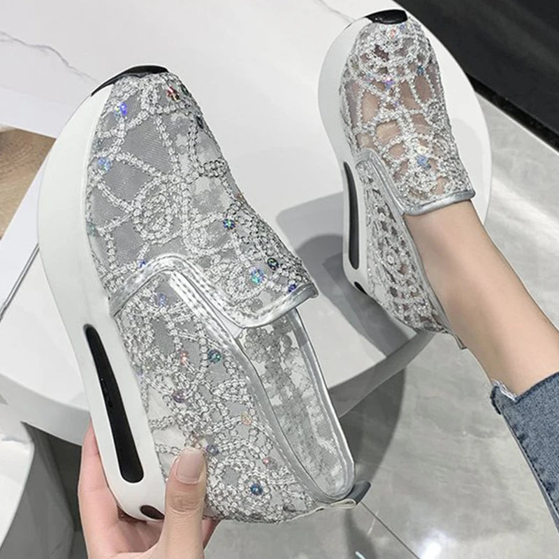Spring Autumn Luxury Crystal Sneakers Women Breathable Mesh Sports Shoes for Woman Retro Low Top Platform Vulcanize Shoes Lady