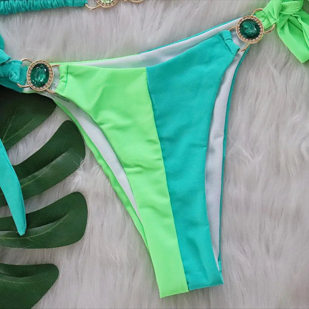 DEKA Splicing Halter Jewelled Diamond Bikini Women Swimsuit Female Swimwear Two Pieces Bikini Set Hollow Out Bathing Suit