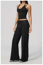 Women's 2 Piece Yoga Set Halter Neck Crop Top Fold Over Waist Wide Legged Flare Trousers Polka Dot Striped Gym Workout Running