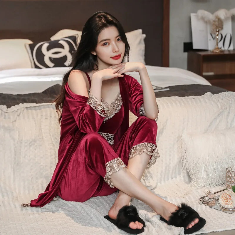 Women's Autumn Winter Golden Velvet Pajamas Set - Sexy Lace Suspender 3-Piece Loungewear with Breast Pads