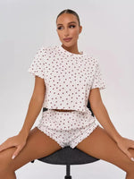 Summer Pajama Set for Women's Sleepwear Home Wear with Heart Print Casual Round Neck Short Sleeve Shorts Two-piece Set