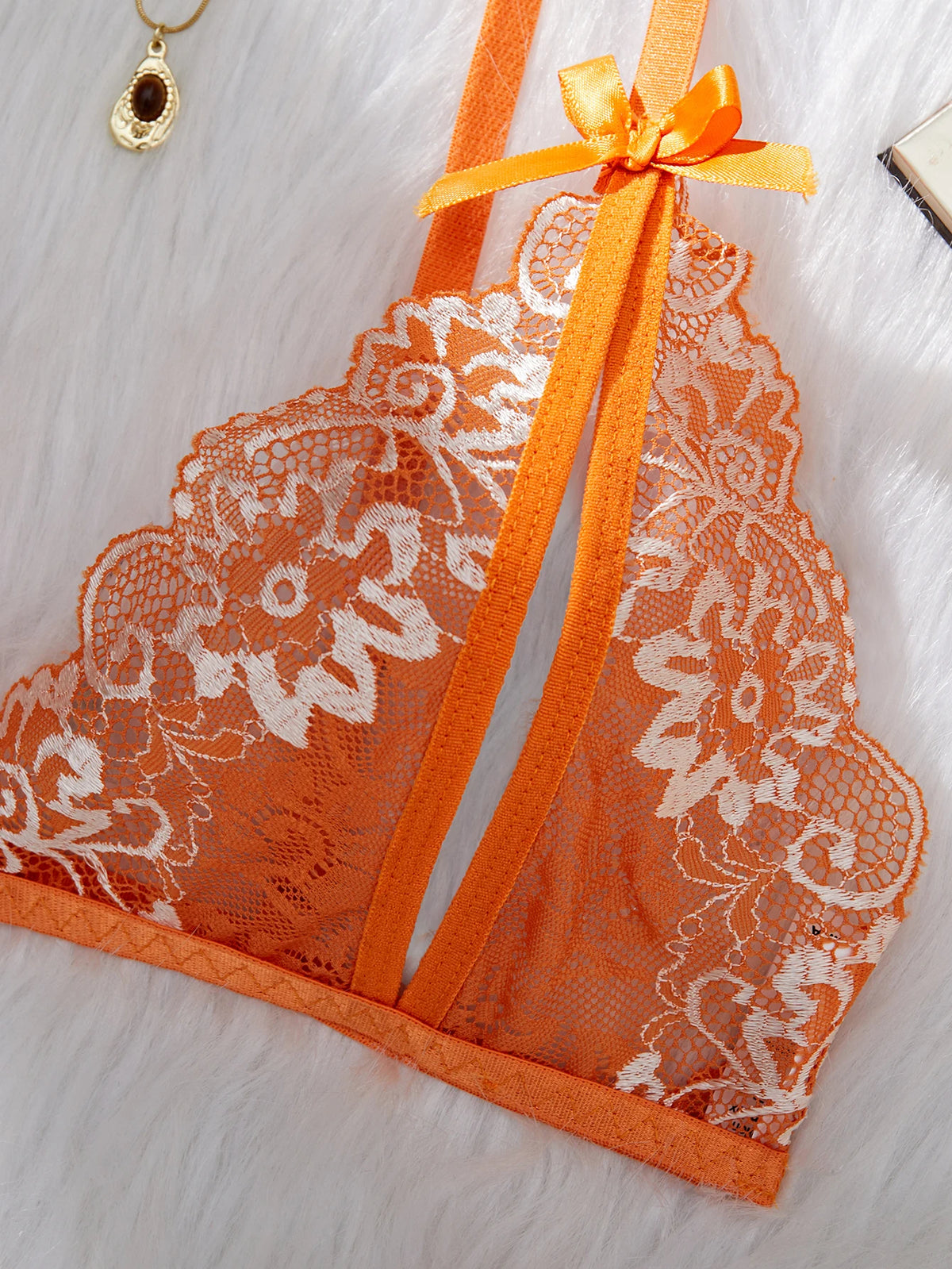 Orange Lace Contrast Set For Women Bra Thongs Sets Summer Female Underwear Matching Suit