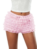 Solid Color Multi-Layer Mesh Short Pants Sweet Cute Bloomers Women Summer Ruffled Frilly Shorts