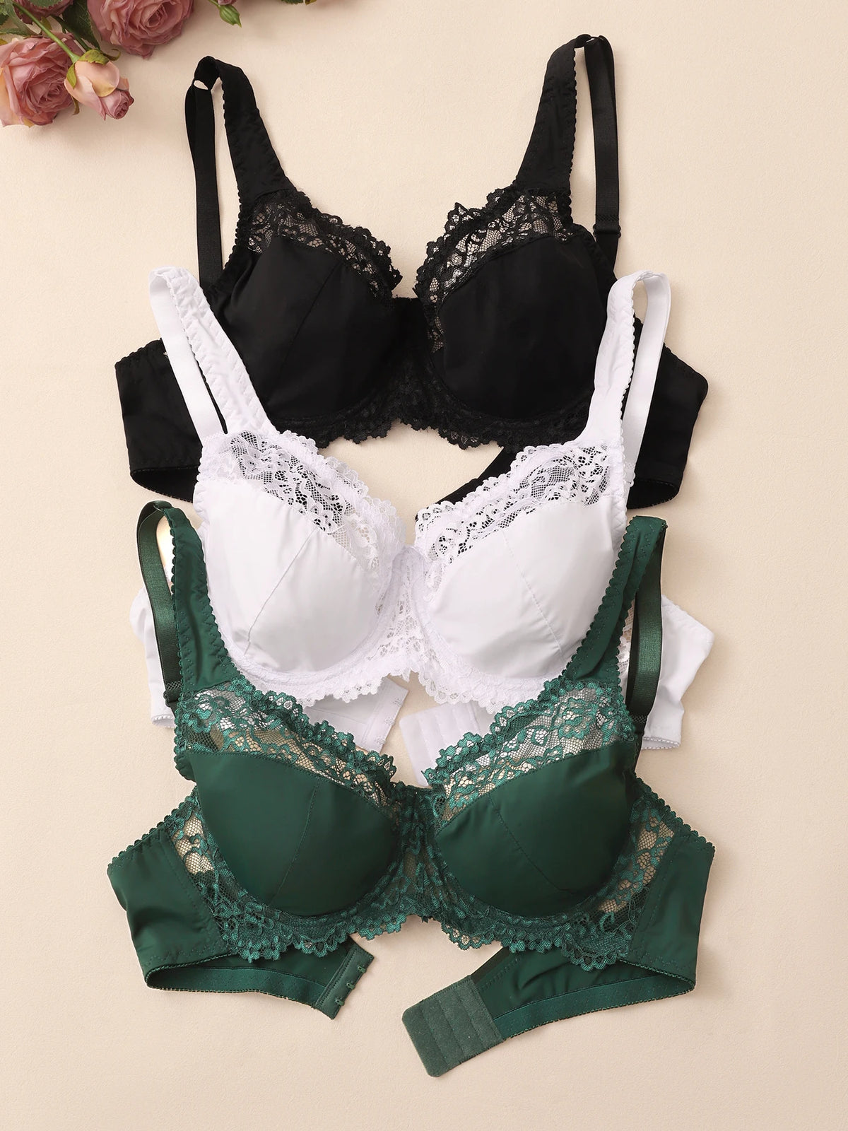 3 Pcs Elegant Lace Bra Non-Padded, Floral Pattern Women's Bras Sexy Lingerie BH Top Brassiere Underwire Plus Size A B C D E Cup