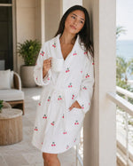 Women Soft Casual Home Loungewear Sleepwear White Terry Cloth Bathrobe Cute Cherry Print Loose Belted Dressing Gown