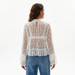 Womens Lace Floral Sheer Blouse Flare Long Sleeve Mock Neck Ruffle Peplum Hem Cropped Shirts Elegant Sexy Cover-ups Tops