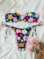 Sexy Bandeau Bikini 2025 Women Pink Floral Print Ring Circle Push Up Micro Swimsuit Off Shoulder Bathing Suit Thong Swimwear