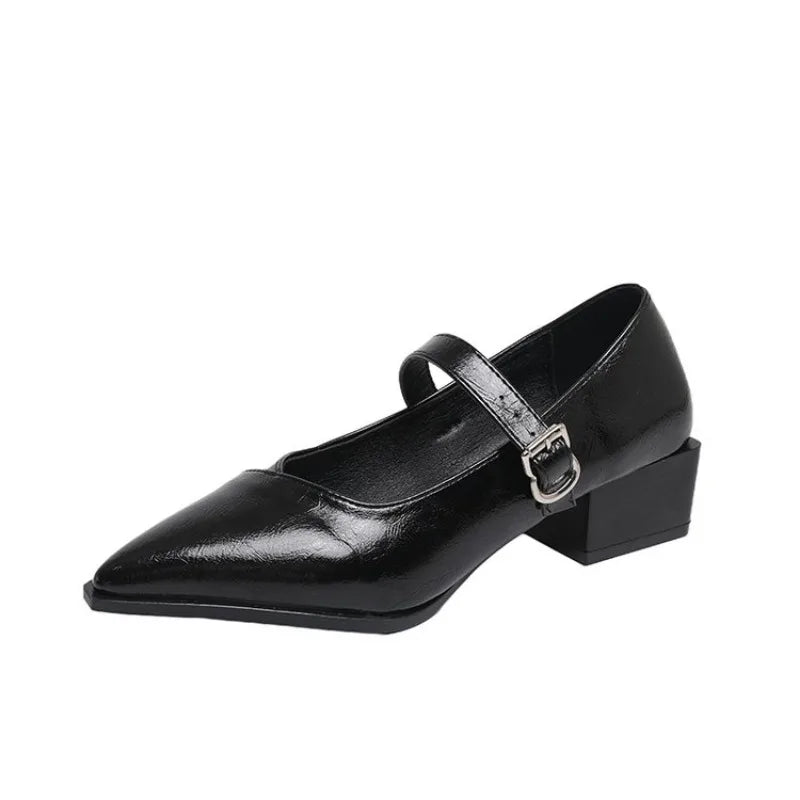 Mid-length Single Shoes Spring and Summer New Fashion Belt Buckle Pointed Toe Comfortable Shallow Toe Leather Shoes