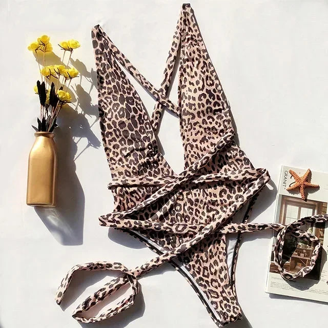Deep V Neck Splicing Wrap Around Leopard Female Swimwear One Piece Swimsuit Women Backless Monokini Bather High Cut Bathing Suit