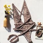 Deep V Neck Splicing Wrap Around Leopard Female Swimwear One Piece Swimsuit Women Backless Monokini Bather High Cut Bathing Suit