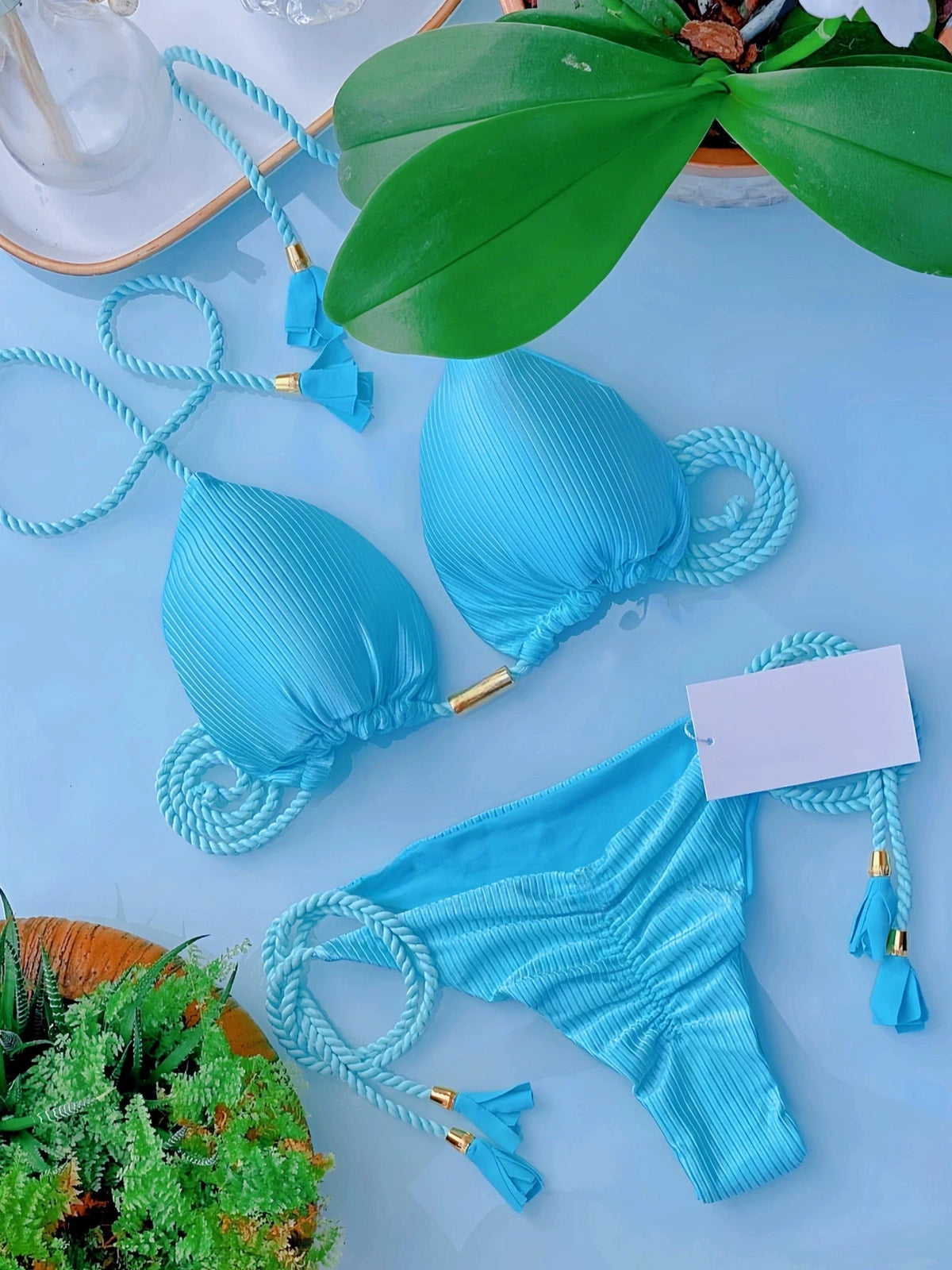 Melphieer Summer Neon Solid Wrap Front Halter Spaghetti Strap Bikini Swimwear Set For Women Maillot De Bain Swimming Suits