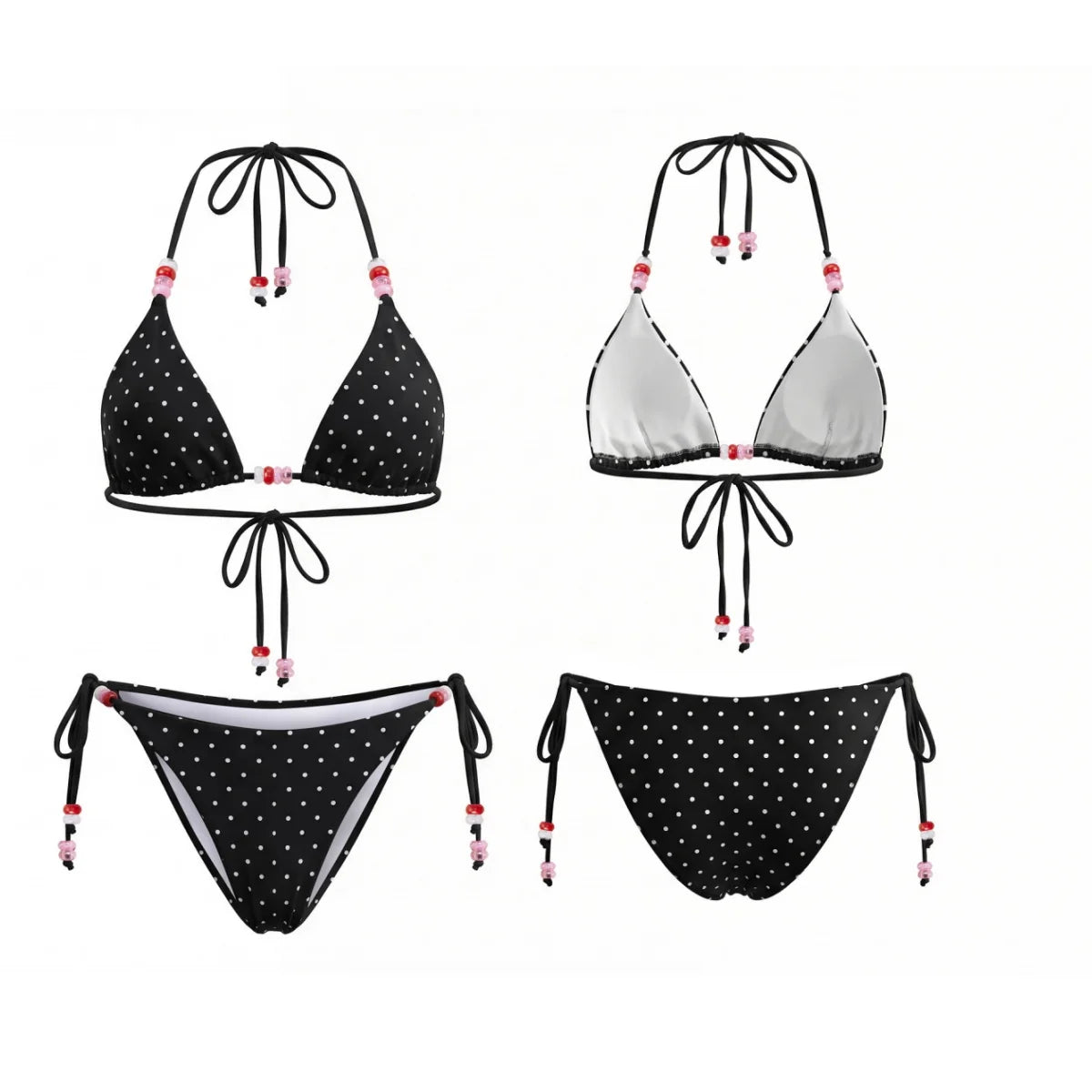 2026 Summer Women's Bikini Set Striped Dots Halter Bra with Side Tie-ups Bead Briefs 2 Piece Swimsuits Female Bathing Suits