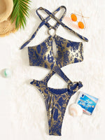 Shiny Blue Snakeskin Print One Piece Swimsuit Women 2026 Sexy Hollow Out Backless Metal Cross Bathing Suit Swimwear Monokini