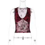 FDYOUI Sexy V-neck Floral Tank Tops for Women 2026 Summer Sleeveless T-shirt Ladies See-through Mesh Corset Top Black Wine Red