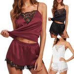 2PCS Sexy Pajama Set Women Sexy Lace Patchwork Satin Silk Suspender Top Hot Shorts Sleepwear Women Nightgown Female Sleepwear