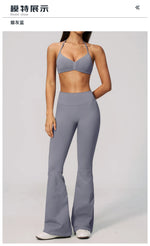 Summer Fitness Suit Women Seamless Hanging Neck Pleate Sports Bra Yoga Sets High Waist Wide Leg Leggings Running Athletic Wear