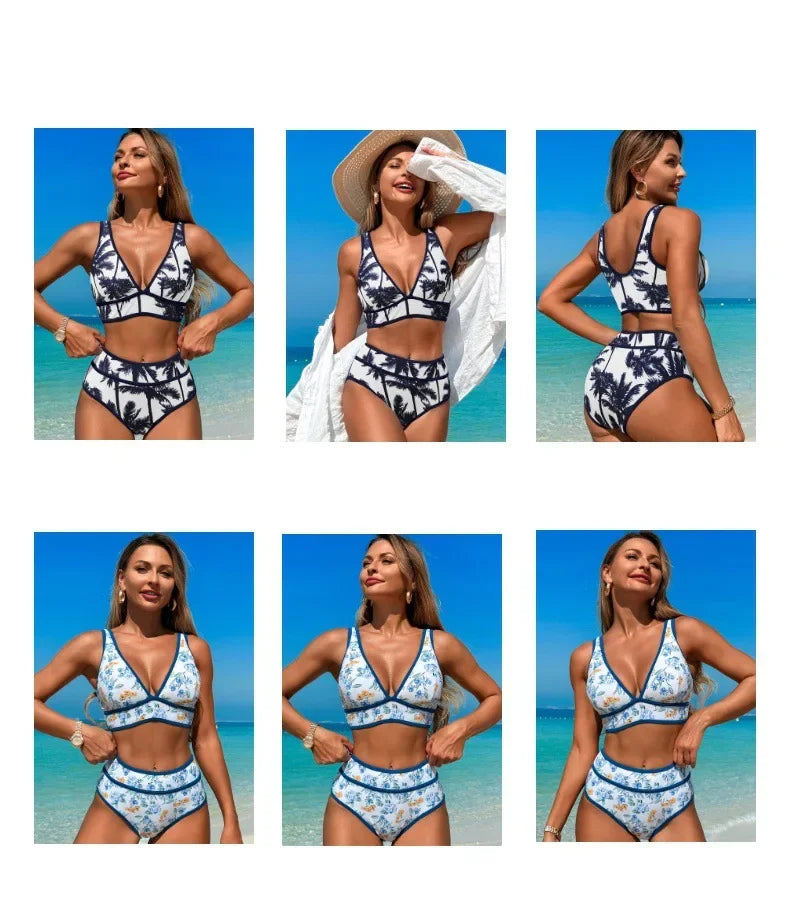 Sexy High Waist Bikini 2025 Coconut Palm Print Swimsuit Female Swimwear Women Bikinis Set Bather Beachwear Bathing Suit Pool
