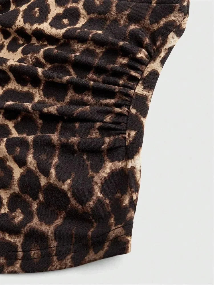 Leopard Printed V-neck Backless Halter Crop Top for Women Summer Sexy Y2K Sleeveless Ruched Top Streetwear