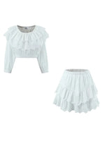 Foridol Summer Off Shoulder White Lace Skirt Set Dress Women Outfits Ruffles Tiered Mini Flower Embriodery Two Pieces Beach Suit