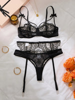 3 Pieces Sheer Lace Garter Lingerie Set Women Black Underwire Bra Bow Decor Thong Sexy Ladies Underwear ZA25205