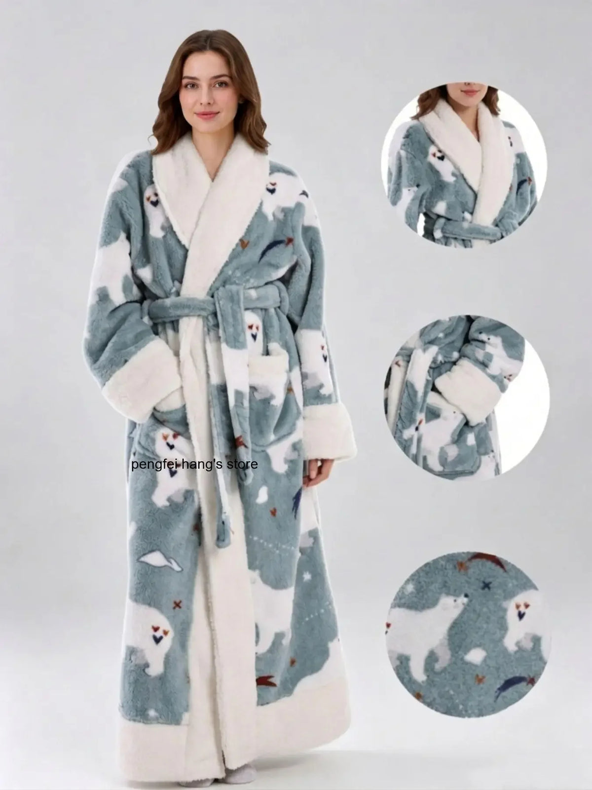 Warm Flannel Long Couples Robe Autumn Winter Color Block Lapel Funny Cartoon Print Bathrobe with Double Pockets Loungewear