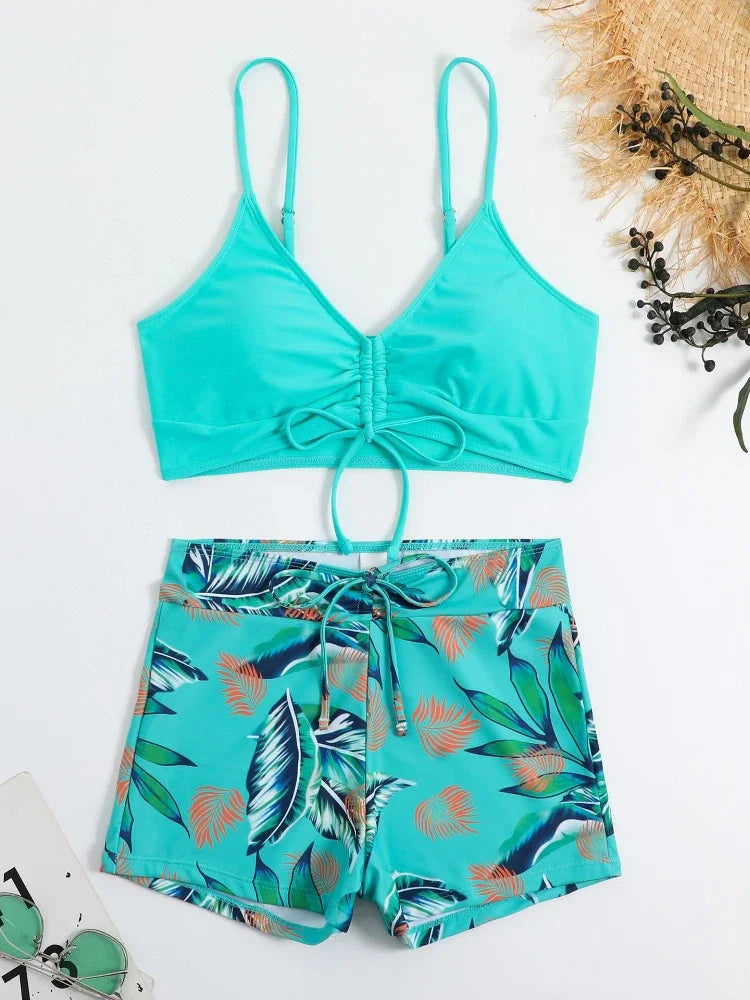 2025 Summer High Waist Swimsuit Bikini Sets with Shorts Female Swimwear Beach Wear Two-piece Bathing Suit Sports Women Clothing