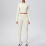 New Women Yoga Set Solid Color Double-Sided Brushed Bare Feel Short Long-Sleeve Jacket Tight Pants Running Fitness 2-Piece Set
