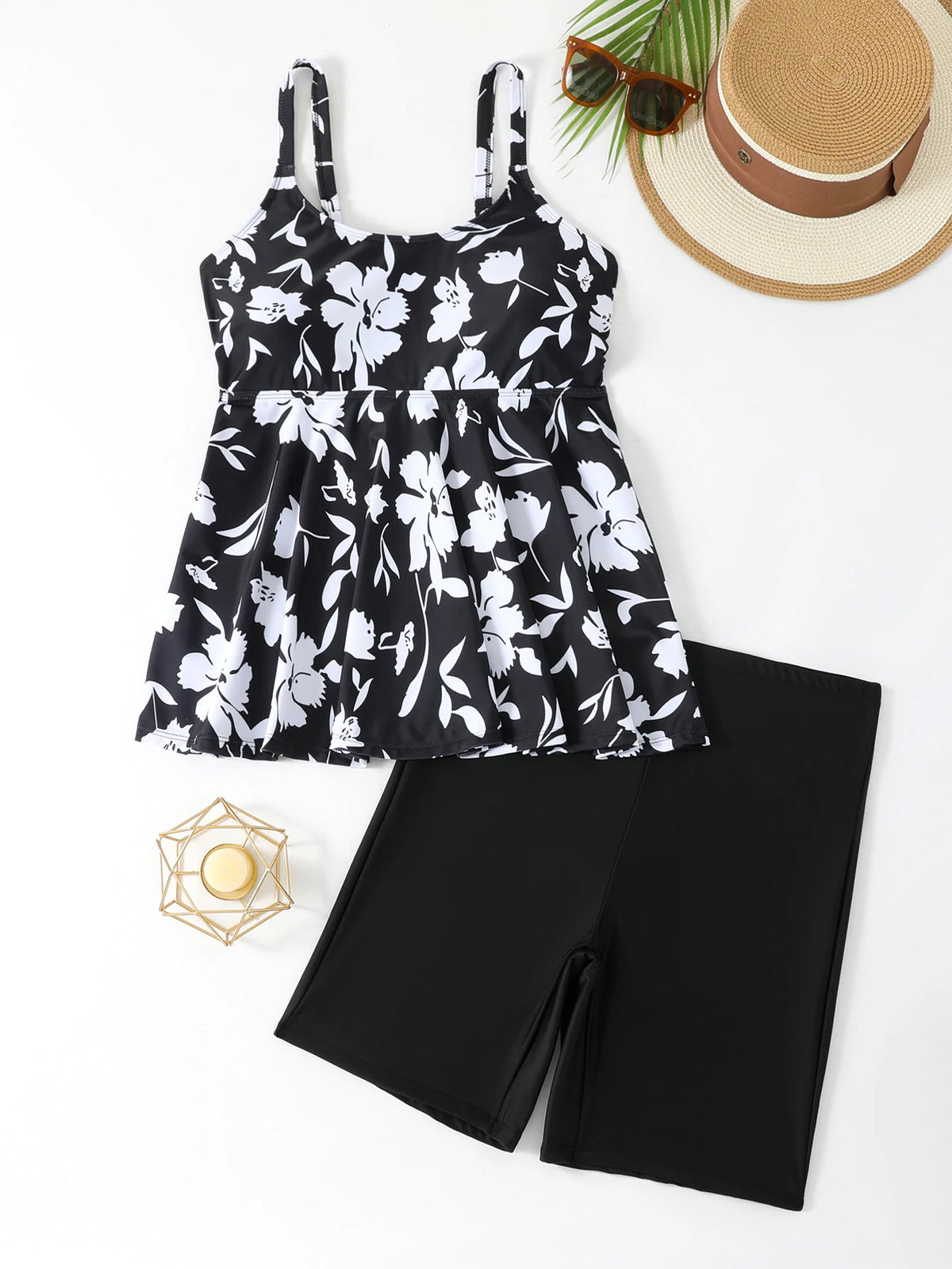 Strappy Printed Tankini 2026 Large Plus Size Swimsuit Women Shorts Swimwear Female Beach Wear Bathers Bathing Swimming Swim Suit