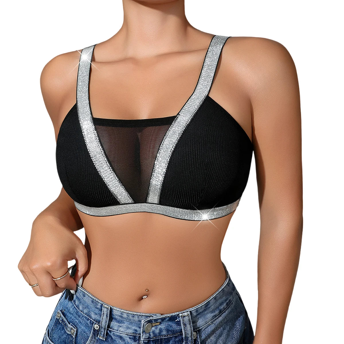 1pcs Fashion New Style Bras Silver Satin Women's Underwear Wire-Free Padless Bras Elegant Lady Bra Comfortable Sexy Lingerie